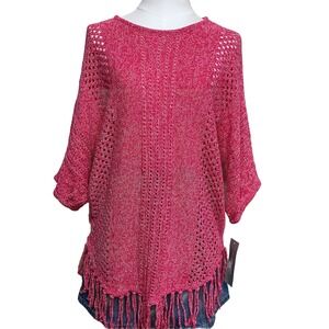 NY Collection Poncho Sweater Womens Medium Pink Pointelle Fringe Cotton XSSU0615